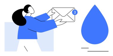 İnsan figürü mavi bir su damlasının yanında uyarı rozeti ile zarfı uzatıyor. İletişim, e-posta, bildirim, mesaj, dağıtım, çevre bilinci, takım çalışması için ideal. Düz basit