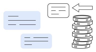 Metin alanları, birikmiş paralar ve bir ok mali işlemleri, bütçe akışını, ödeme akışını veya tasarruf stratejisini sembolize eder. Para yönetimi, dijital ödemeler, nakit ekonomisi büyümesi için ideal