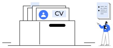 Dosya çekmecesinde CV 'ler, profil simgeleri ve bir belgeyi vurgulayan kişi var. İşe alım, veri yönetimi, iş arama, dosyalama, kayıt tutma, insan kaynakları süreçleri ve yetenek edinme için ideal