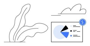 Finansal veriler ve dolar işaretli soyut pasta grafiği stilize yapraklar ve bulutların yanında. Mali büyüme, bütçe, muhasebe, iş stratejisi, yatırım, ekonomik planlama için ideal