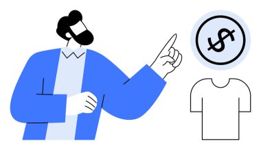 Mavi ceketli adam, kıyafet masraflarını ve maliyet planlamasını vurgulamak için gömleğin yanındaki dolar işaretine doğru el kol hareketi yapıyor. Finans, bütçe, alışveriş, perakende, e-ticaret, moda sektörü için ideal. Düz basit