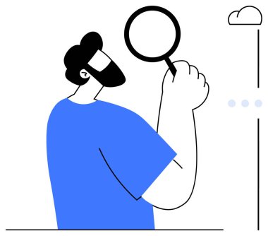 Sakallı adam elinde büyüteç, arama, odaklanma, analiz, merak ve keşif. Araştırma, araştırma, inceleme, problem çözme öğrenme verimliliği düzlüğü için ideal