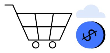 Alışveriş arabası, mavi dairenin içinde dolar işareti, yukarıda bulut. E-ticaret, çevrimiçi alışveriş, dijital işlemler, finans, bulut tabanlı hizmetler tüketici davranışı ekonomik büyüme için idealdir. Soyut