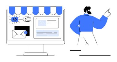 Mağaza önü, reklam simgeleri, mesaj uyarısı ve ödeme sembolü olan bilgisayar ekranı, kendine güvenen bir adamın yanında. Pazarlama, e-ticaret, reklam, e-posta kampanyaları, internet sektörü için ideal