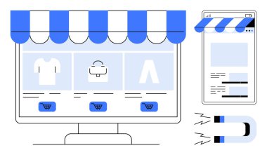 Masaüstü monitörü ve akıllı telefon vitrinleri, tenteleri, ürün listeleri ve alışveriş arabası simgeleri. Mıknatıs müşteri çekmeyi simgeler. Çevrimiçi iş, e-ticaret ve pazarlama için ideal