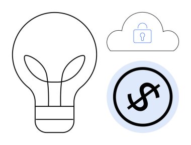 Yapraklı ampul, kilitli bulut ve daire şeklinde dolar, çevre dostu yeniliği, veri güvenliğini, finansal planlamayı sembolize ediyor. Strateji, iş, teknoloji ve sürdürülebilirlik büyümesi için ideal