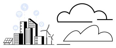 Binalar, rüzgar türbinleri, güneş panelleri ve bağlantı ve enerjiyi sembolize eden dijital simgelerle dolu bir şehir. Teknoloji, sürdürülebilirlik, kentsel planlama, bulut hesaplaması, veri dijital için ideal