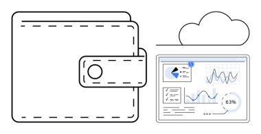 Cüzdan bulut ve veri panelinin yanında grafik ve çizelgeleri gösteriyor. Fintech, finans, tasarruf, veri yönetimi, bulut hesaplama, analitik araçlar, güvenli işlemler için idealdir. Düz basit metafor