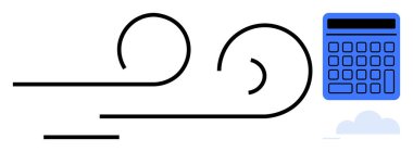 Siyah girdaplar mavi hesap makinesinin yanındaki rüzgar akımlarını sembolize ediyor. Enerji verimliliği, yenilenebilir enerji, mali yönetim, sürdürülebilirlik, yenilik, karar verme, düz basit