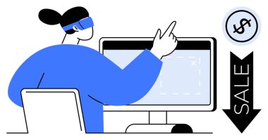 VR kulaklıklı kişi monitörle, aşağıya bakan okla ve dolar simgesiyle etkileşime geçiyor. Teknoloji, e-ticaret, finans, yenilik, indirimli analitik kullanıcı etkileşimi için ideal. Düz basit