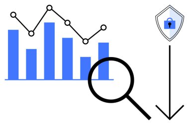 Değişen yükseklikleri olan çubuk grafik, veri noktaları olan çizgi grafiği, büyüteç ve kilit simgesi ile güvenlik kalkanına doğru bakan ok. Veri analizi, siber güvenlik, ağ için ideal
