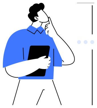 Tableti tutan ve derin düşüncelere dalmışken çenesine dokunan adam. Karar verme, analiz, planlama, beyin fırtınası, düşünme, odaklanma ve strateji için idealdir. Düz basit metafor