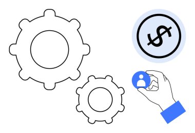 Mekanik viteslerin yanında bir kullanıcı ikonu ve dolar işareti, organizasyonu sembolize eden takım çalışması, finans, işe alım, iş büyümesi, analiz, verimlilik. Düz basit metafor için ideal