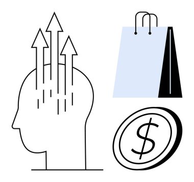 Kişisel gelişim için yukarı doğru ok atan insan kafası, tüketici alışkanlıkları için alışveriş torbası, ekonomi için para birimi. Zihin yapısı, alışveriş eğilimleri, ekonomi, başarı, yenilik, karar verme mekanizması için ideal