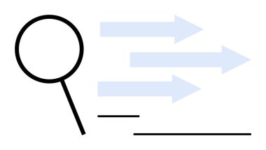 Büyüteç, odaklamayı, yönü, veri analizini ve ilerlemeyi sembolize eden ileri doğru hareket eden üç oka yakınlaştırıyor. Araştırma, inceleme, iş akışı, verimlilik ve verimlilik için ideal