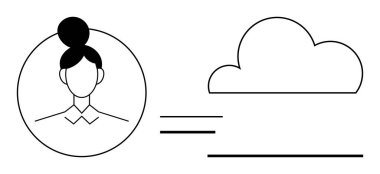 Bulut grafiğinin yanındaki minimalist kullanıcı profili silueti veri transferi ve depolamayı temsil ediyor. Teknoloji, kimlik, bulut servisi, veri yönetimi, bağlantı, basitlik, düz basit