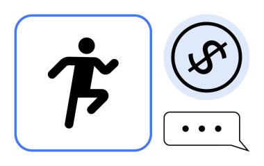 Soyut figür koşuyor, dolar işareti daireler çiziyor ve konuşma balonu oluşturuyor. Finans, iş, ilerleme, tasarruf, iletişim başarısı liderliği için idealdir. Basit düz metafor