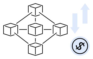 Engelleme teknolojisini simgeleyen bağlı bloklar dolar işareti ile döviz takasını simgeliyor. Finans, kripto para birimi, ademi merkeziyetçi sistemler, veri transferi, yenilik, ödeme ağı için ideal