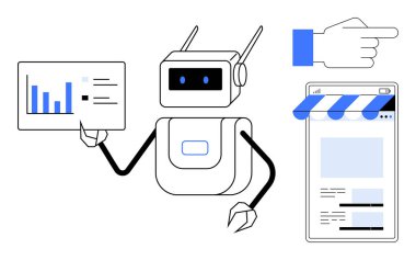 Robot veri tablosu ve el hareketleriyle mobil mağaza arayüzü sunuyor. Otomasyon, yapay zeka, e-ticaret, analitik, rehberlik, dijital çözümler ve yenilik için ideal. Düz basit