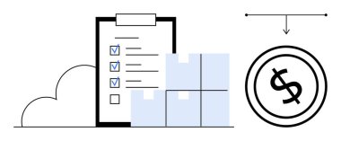 İşaretli ögelerle işaretlenmiş listeler, istiflenmiş kutular, okla bağlanmış para sembolleri. Lojistik, tedarik zinciri, envanter, maliyet yönetimi, dağıtım hizmetleri, bütçe sade metaforu için ideal
