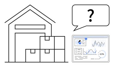 Depoda yığılı kutular, analitik gösterge paneli ve envanter kavrayışlarını vurgulayan baloncuklar var. Lojistik, tedarik zinciri, e-ticaret, veri analizi, karar verme, ticaret için ideal