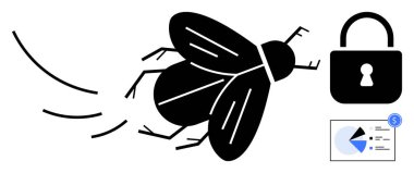 Kilit ve veri tablosunun yanında uçan bir hata kırılganlık, veri ihlali, kötü amaçlı yazılım ihlali olduğunu gösteriyor. Teknoloji için ideal, siber güvenlik, bilişim riski, hata takibi, hack farkındalığı, sahte alarm.