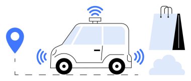 Radar sinyalleri, lokasyon iğnesi, alışveriş torbaları ve bulut simgesi olan kendi kendine giden bir araba. Teknoloji, otomasyon, e-ticaret, dağıtım hizmetleri, akıllı ulaşım yapay zekası yenilikçi