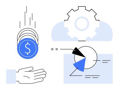 Eline bozuk para düşmesi, bulut sembollü teçhizat, oklu pasta grafiği ve veri grafiği. Finans, analitik, planlama, büyüme işletmeleri için ideal dijital ekonomi yatırımı. Düz