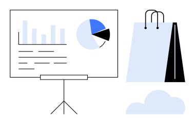 Grafik çizelgesi ve pasta grafiği alışveriş torbası ve bulutun yanında duruyor. İş için ideal, perakende analizi, e-ticaret, dijital dönüşüm, tüketici eğilimleri, teknoloji, düz basit