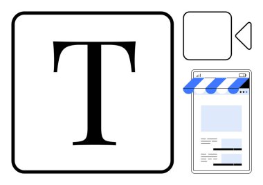 Kalın T harfi, video oynatıcı simgesi, web sayfası düzeni üzerine yazı tahtası. İçerik oluşturma, yaratıcılık, multimedya, çevrimiçi yayıncılık, video düzenleme ve yenilik için ideal. Düz basit metafor
