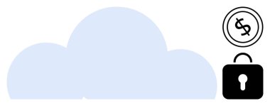 Bulut şekli bir dolar işareti ve kilitli asma kilit ile eşleştirilmiş. Teknoloji, finans, güvenlik, gizlilik, dijital güvenlik, veri yönetimi, modern iş için idealdir. Düz basit metafor