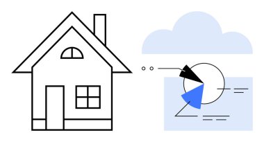 Veri görüntüleme elemanlarına ve bulut sembolüne bağlı ev çizgisi. Teknoloji için ideal, akıllı ev, IOT, bulut depolama, veri analizi, bağlantı, yenilik. Düz basit metafor