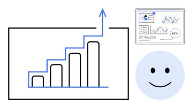 Yukarı doğru büyümeyi sembolize eden bir çizgi çizelgesi, veri içgörüsü için analitik gösterge paneli ve memnuniyeti ifade eden gülümseyen bir yüz. Başarı, performans, ilerleme, istatistik, analiz için ideal
