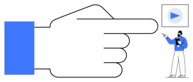 Bir iş adamının sunduğu video düğmesine işaret eden el hareketi. Rehberlik, öğretim, çevrimiçi öğrenme, navigasyon, kullanıcı arayüzü, iş eğitimi için ideal, düz basit metafor