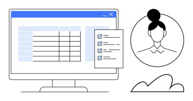 Bilgisayar ekranında insan profili ve bulut sembolü ile veri tablosu ve kontrol listesi gösteriliyor. Üretkenlik, organizasyon, iş akışı optimizasyonu, uzak çalışma, işbirliği, dijital çözümler için ideal