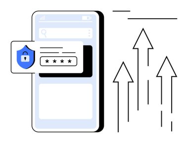 Kalkan ve asma kilit ile işaretlenmiş akıllı telefon, büyümeyi sembolize eden yukarı doğru oklar. Siber güvenlik, mobil uygulamalar, teknoloji, veri gizliliği, ilerleme, sistem için ideal