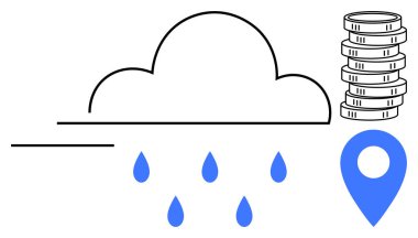Para yığınının yanında bulut yağmuru damlaları ve mavi lokasyon iğnesi, veri akışını, finansal büyümeyi ve konum bağlantısını sembolize ediyor. Finans, veri paylaşımı, bulut depolama ve yenilik için ideal