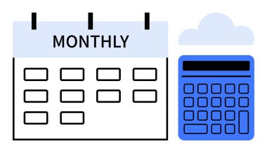 Aylık takvim, bir bulut simgesinin altındaki hesap makinesinin yanında. Finans, yönetim, planlama, bütçe, hatırlatıcı, organizasyon hesaplaması için idealdir. Modern düz basit metafor