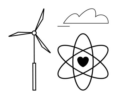 Kalbin yanındaki rüzgar türbini atom sembolü ve minimum bulut çizgisi ile çevrili. Yenilenebilir enerji, sürdürülebilirlik, temiz enerji, yenilik, çevre dostu tasarım, yeşil teknoloji, düz basit