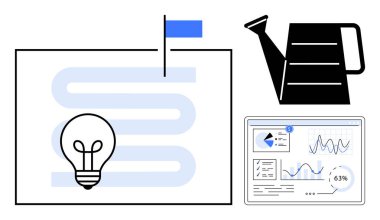 Uç bayrak, sulama tenekesi ve veri grafikleriyle dolambaçlı yolda ampul. Yenilik, büyüme, analitik, başarı ve strateji gelişimi için idealdir. Düz basit metafor