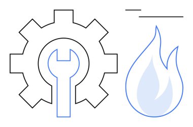 Onarım, enerji, fayda ve sanayiyi simgeleyen parlak alev dizaynının yanında entegre ingiliz anahtarı olan bir dişli. Teknoloji, mühendislik, enerji, sistem bakımı, yenilik üretimi için ideal