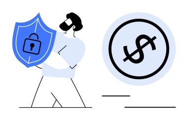 Kalkanı elinde tutan adam döviz sembolü ile korunmayı, güvenliği ve değerleri vurguluyor. Finans, güvenlik, güven ve yatırım gizlilik sigortası için ideal. Düz basit