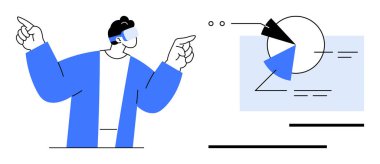 VR kulaklıklı adam pasta grafiği ve veri projeksiyonlarıyla meşgul. Teknoloji, yenilik, analiz, eğitim, gelecek, iş ve yaratıcılık kavramları için ideal. Düz basit metafor
