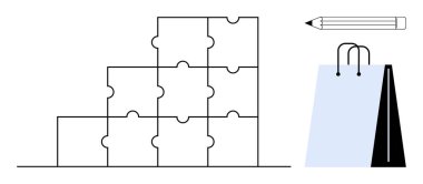 Kümelenmiş bulmaca blokları basamakları oluşturuyor, yaratıcılığı temsil eden kalem, ticareti sembolize eden alışveriş çantası. Sorun çözme, takım çalışması, organizasyon, eğitim, yaratıcılık ve iş için ideal