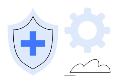 Çapraz sembollü kalkan, süreci veya teknolojiyi temsil eden teçhizat ve veri bulut hizmetleri için bulut taslağı. Güvenlik, sağlık, teknolojik yenilik, dijital araçlar, veri yönetimi, bulut için ideal