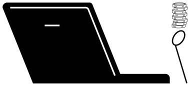 Siyah dizüstü bilgisayar, büyüteç, madeni para yığını dijital araştırma, finansal analiz, çevrimiçi iş dünyası, teknoloji keşfi, ekonomik çalışma, modern çalışma. Finans araştırması için ideal