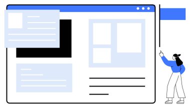 Bir web sayfası düzenine işaret eden kadın bölümleri, açılır pencereleri ve yan çubuğu gösteriyor. Kullanıcı arayüzü, UX tasarımı, prototip, beyin fırtınası, web geliştirme, düz metafor öğretimi için ideal