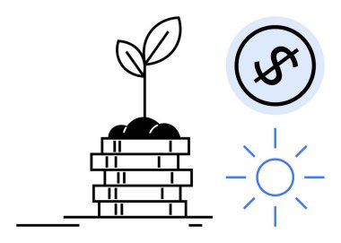 Yığılmış paraların üzerinde büyüyen bitki ekonomik büyümeyi simgeliyor. Mavi dolar işareti ve güneş yatırımı, sürdürülebilirliği ve refahı çağrıştırıyor. Finans, yatırım, tasarruf ve sürdürülebilirlik için ideal