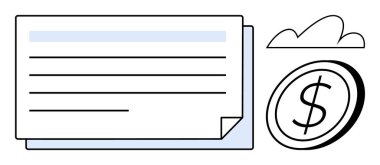 Yatay çizgileri, işaretlenmiş bölümü, büyük paralar ve basit bir bulut simgesi olan kağıt belge. Finans, bulut depolama, ödeme süreçleri, çevrimiçi bankacılık, tasarruf yatırımı için ideal