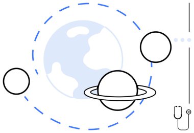 Dünya, gezegenler ve steteskop küresel sağlık, uzay keşfi, sürdürülebilirlik, yenilik, bağlantı, bilim ve bakım temalarını öneriyor. Sağlık alanı ve çevre için ideal